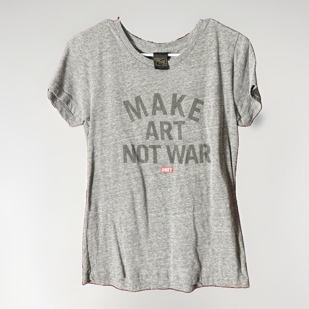 Obey T-Shirt Make Art Not War Womens Medium Graphic Tee Gray Skater 90s Y2K Styl
